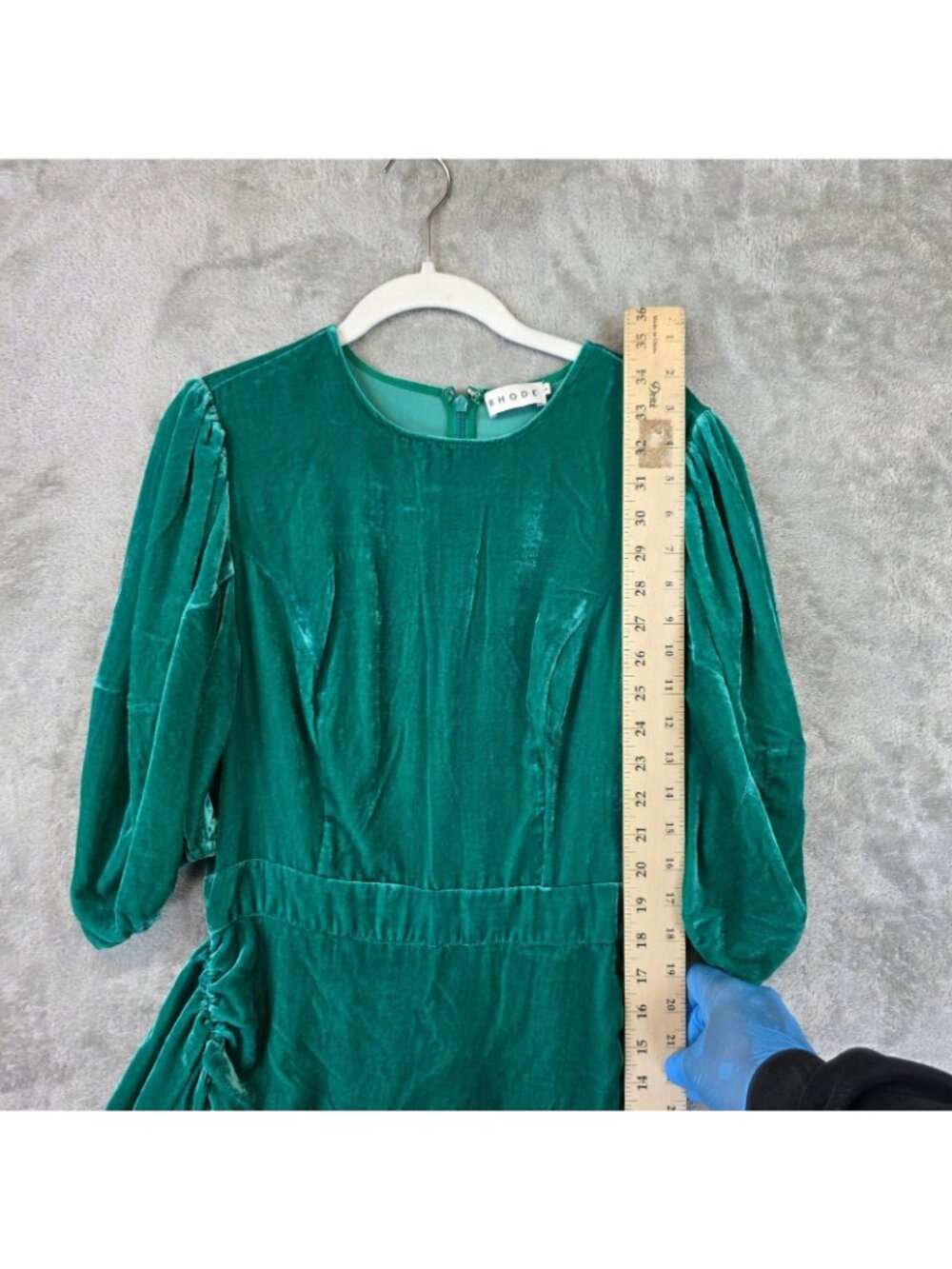Rhode Dress Womens 8 Green Velvet Ruched Puff Sleeve Ruffle Hem Mini Party - Picture 6 of 10